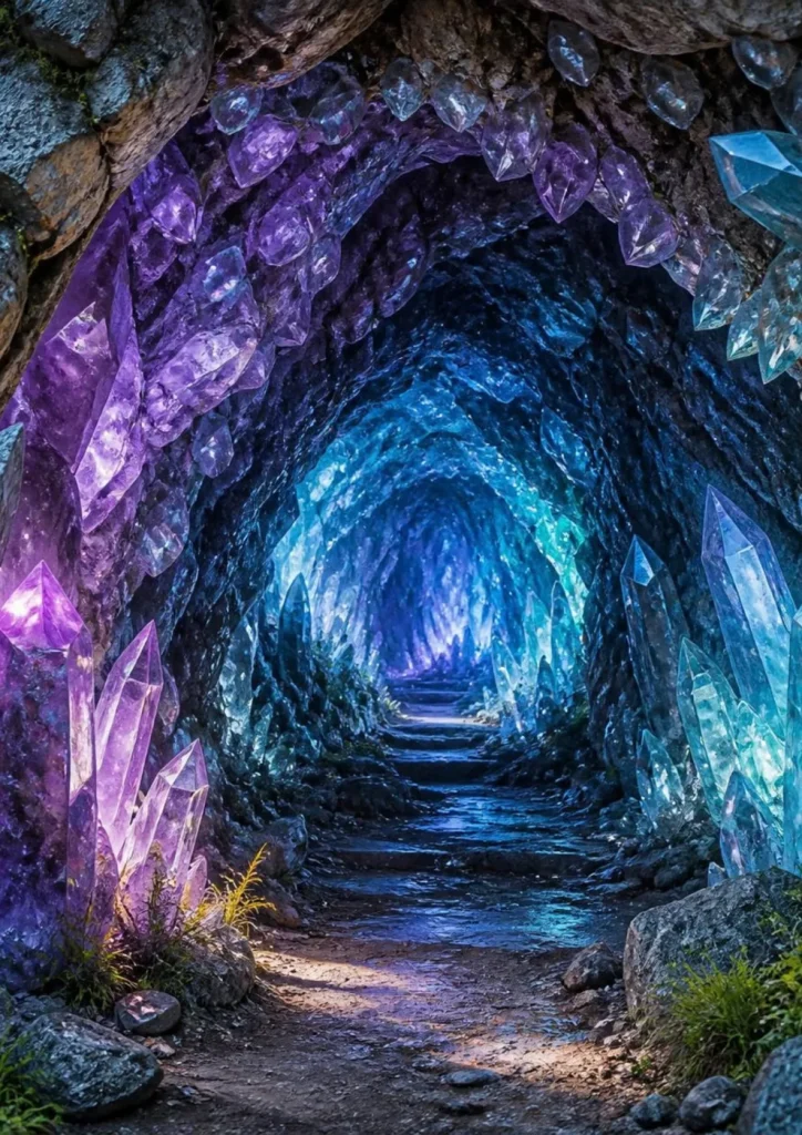 Tunnel de cristaux violets et bleus menant vers une lumière, image du Voyage Cristal’Un